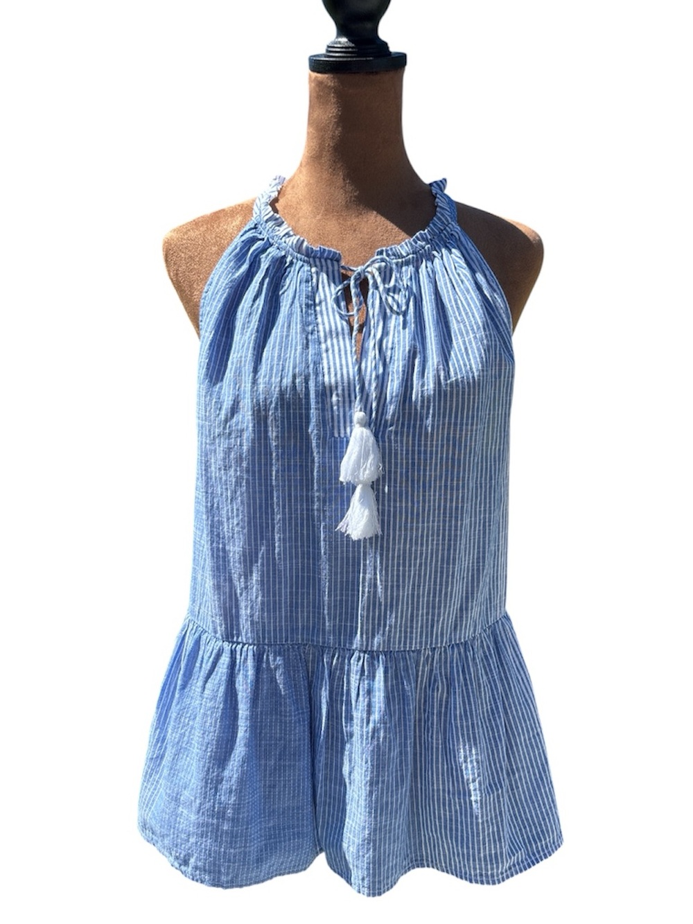 LUCKY BRAND Blue & White Striped Tassel Peplum Sleeveless Halter Top in Large